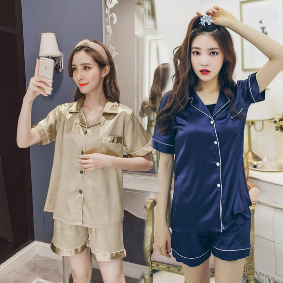 Women's Pajamas Two-Piece Silk Large Size Short-Sleeved Shorts Summer Ice Silk Home Clothes Fat Cross-Border Amazon