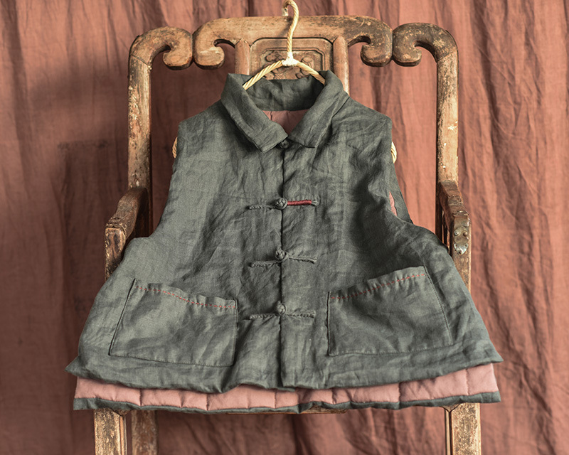 Simo/vêtements pour femmes en coton et lin faits maison gilet en coton à boucle en lin lavé au sable de haute qualité gilet en coton à enroulement rétro_voghion.com