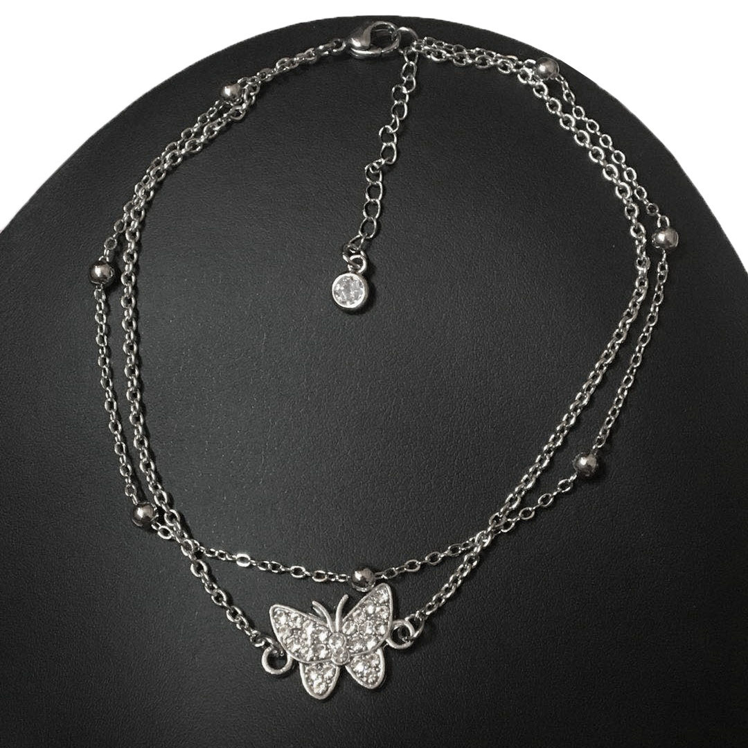 Europe and the United States cross-border Joker ankle flash diamond butterfly double anklet zircon tail pendant silver double anklet manufacturers wholesale