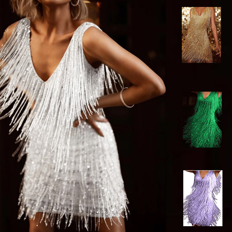 Cross-border foreign trade new tassel dress elegant sexy deep V strap dress dress women