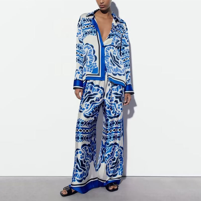 2025 independent station European and American women's printed color matching elastic waist pocket wide leg casual fashion suit women's two-piece set