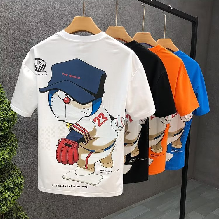 Cartoon Printed Short-sleeved Cotton T-shirt Men's 2023 Summer New Style Teenager Niche Design Crewneck Half-sleeved Top