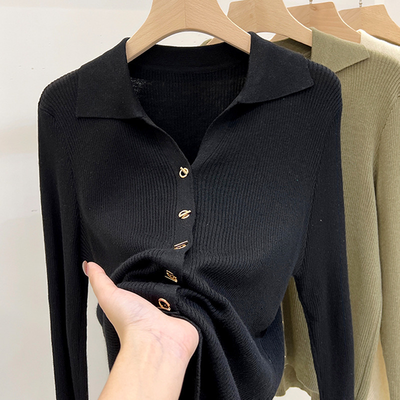 Design sense niche lapel long-sleeved sweater for women 2023 autumn and winter western style solid color top bottoming shirt sweater