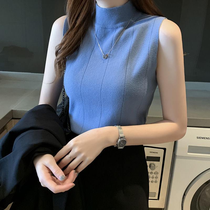 2023 Summer new half turtleneck thin sleeveless short bottoming shirt knitted T-shirt women's slim fit inner T-shirt vest