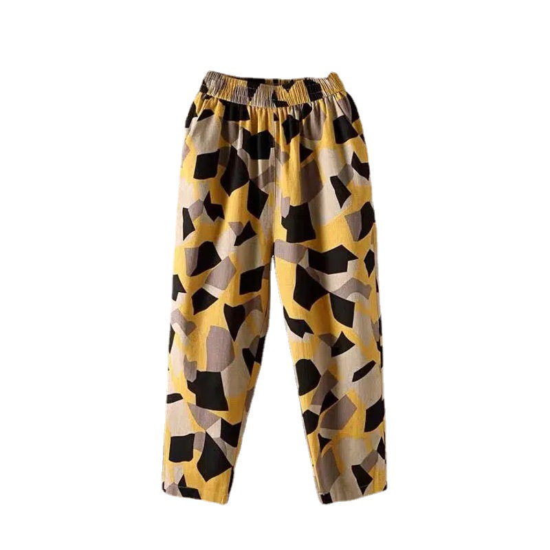 New Cotton Harlan Pants Thin Breathable Artistic Retro Fashion Cotton Linen Cropped Pocket Summer Loose Printed Cotton Pants Large Size