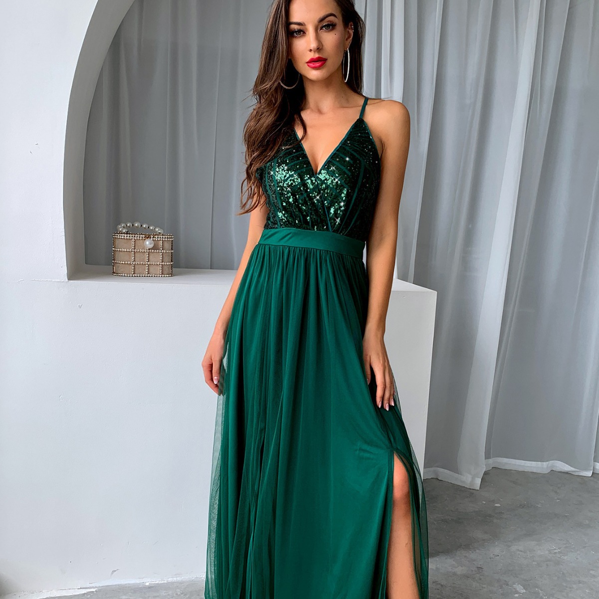 European and American women's clothing 2022 summer new sexy sling mesh sequin stitching slit large swing dress evening dress