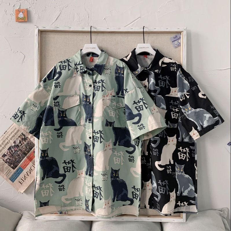 Summer Japanese Style Short-sleeved Shirt Men's Half-sleeved Shirt Hong Kong Style Trendy Cat Print Student Loose Casual Shirt Trendy