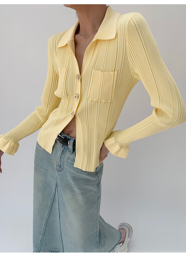 [Nouveauté le 21/03] Nouveau design Sense Split Knitted Jacket Cardigan jaune clair au printemps 2024_voghion.com