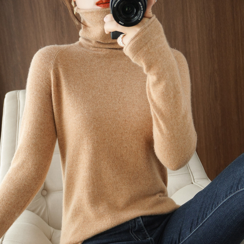 Autumn and Winter New High Collar Knitwear Women's Long-sleeved Sweater Stack Collar Solid Color Loose Slim-fit Base Shirt Top Western Style
