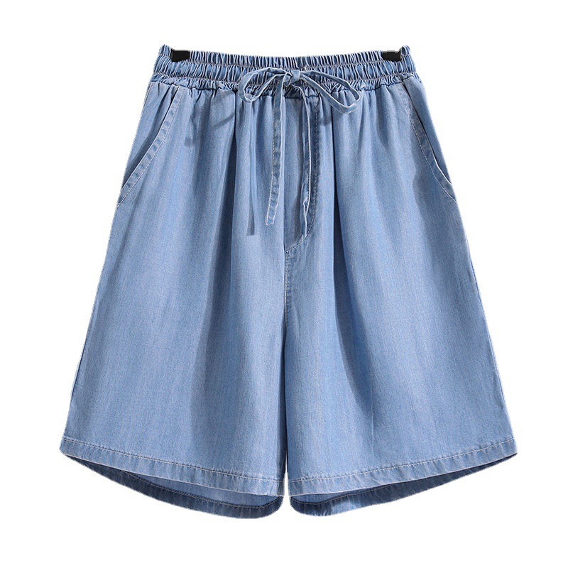 Tencel Denim shorts women's summer New Thin Ice Silk casual five-point loose wide leg high waist A- line hot pants plus size