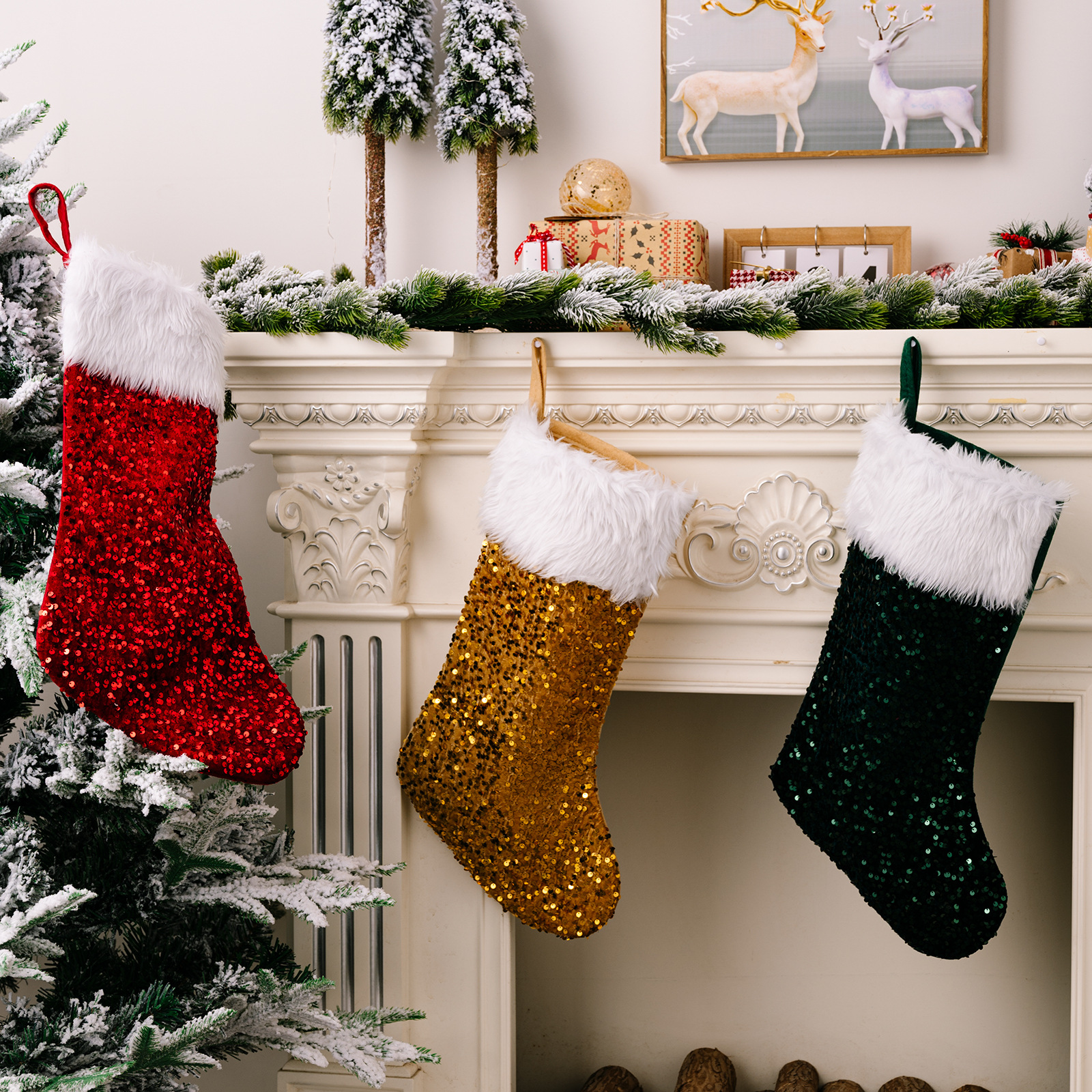 Christmas Decoration Supplies Sequin Christmas Stocking High-end Plush Christmas Stocking Red Sequin Gift Stocking_voghion.com
