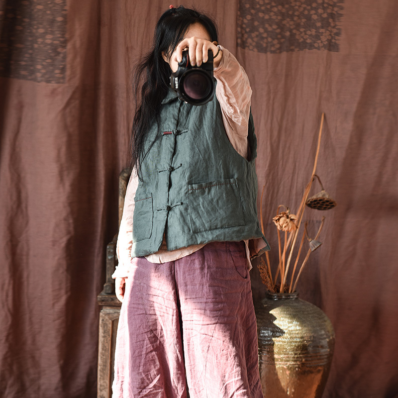 Simo/vêtements pour femmes en coton et lin faits maison gilet en coton à boucle en lin lavé au sable de haute qualité gilet en coton à enroulement rétro_voghion.com