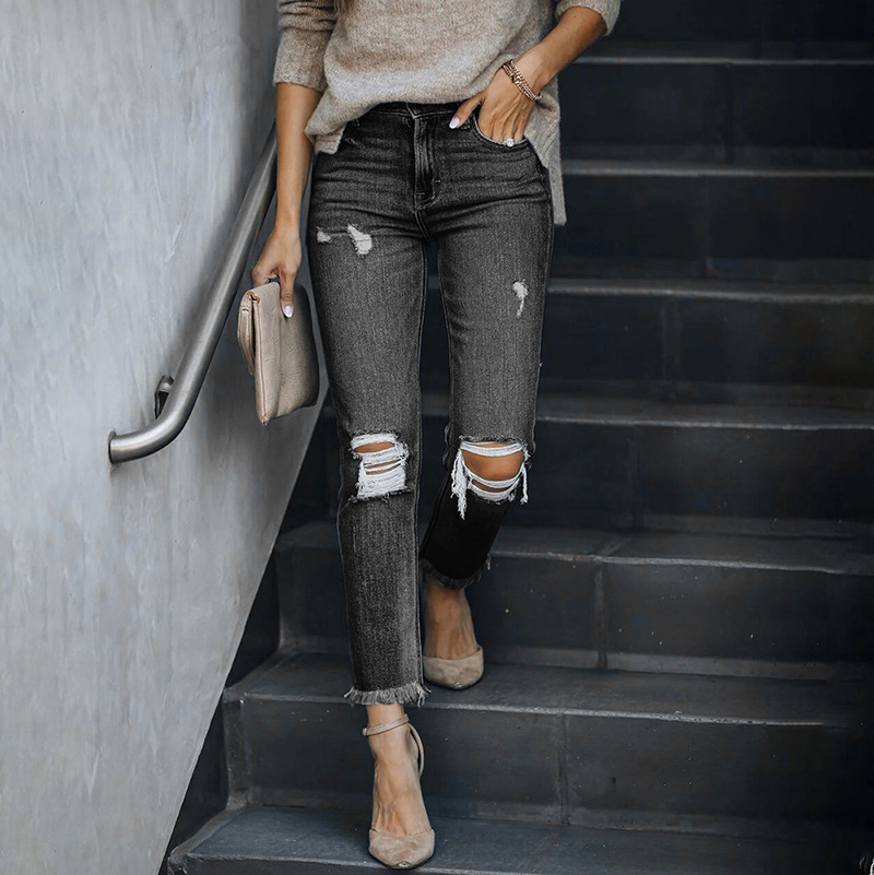 2021 Cross-border Amazon Independent Station Ripped Tassel Elastic Mid-waist Small Straight Jeans Women's Super Hot