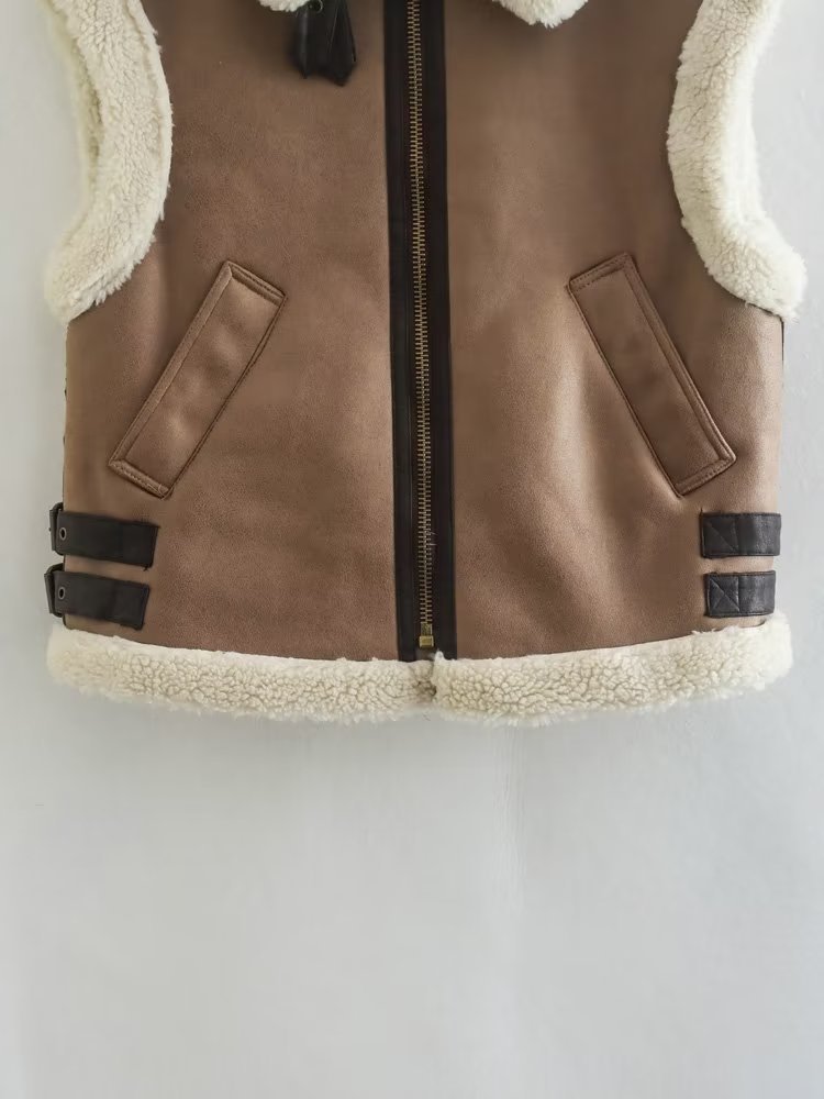 2022 European and American autumn and winter new women's brown fur one-piece lapel vest coat thickened vest K4-6353