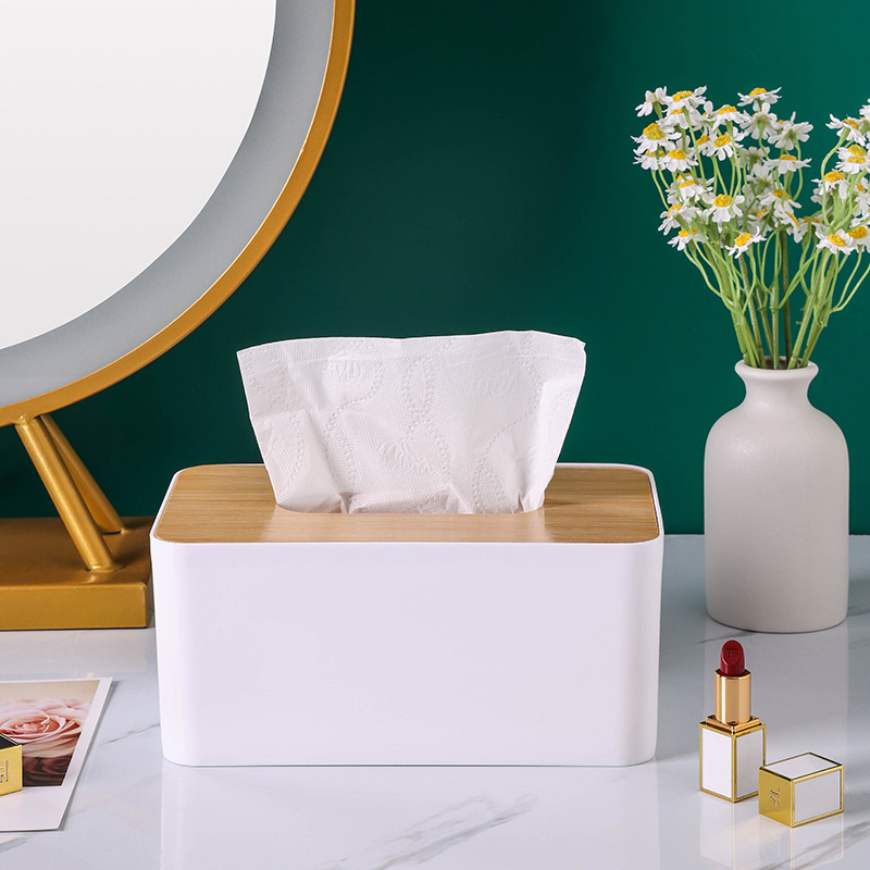Bamboo cover plastic Commercial Hotel tissue box advertising living room dining room desktop tissue box storage tissue box