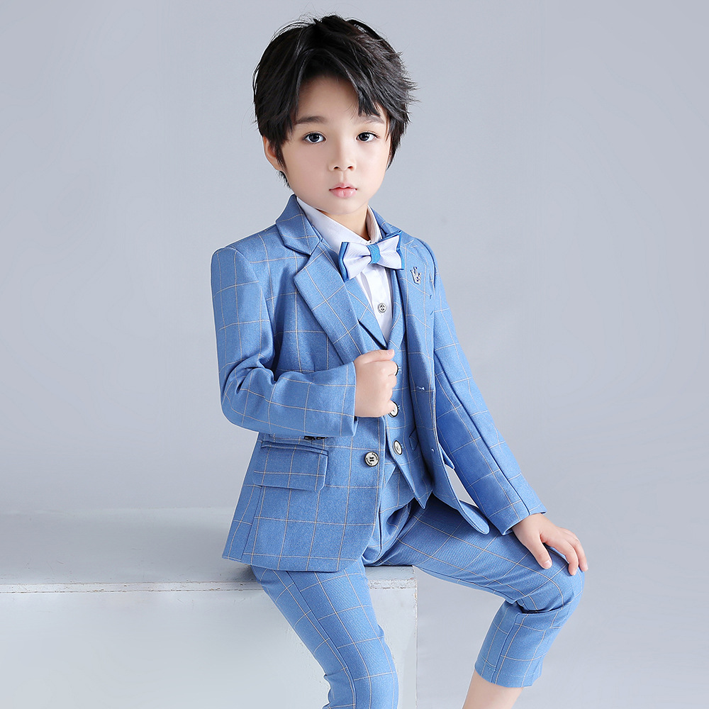 Children's Small Suit Set Autumn and Winter New Boys Handsome Suit Light Color Plaid Baby One-year-old Flower Girl Dress