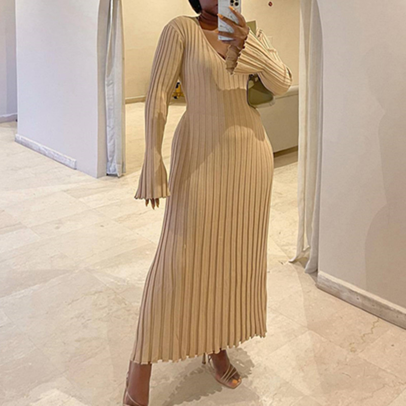 2024 Cross-border Autumn and Winter New Knitted dress Casual Waist V-Neck Big Pit Slim Knitted Dress Women