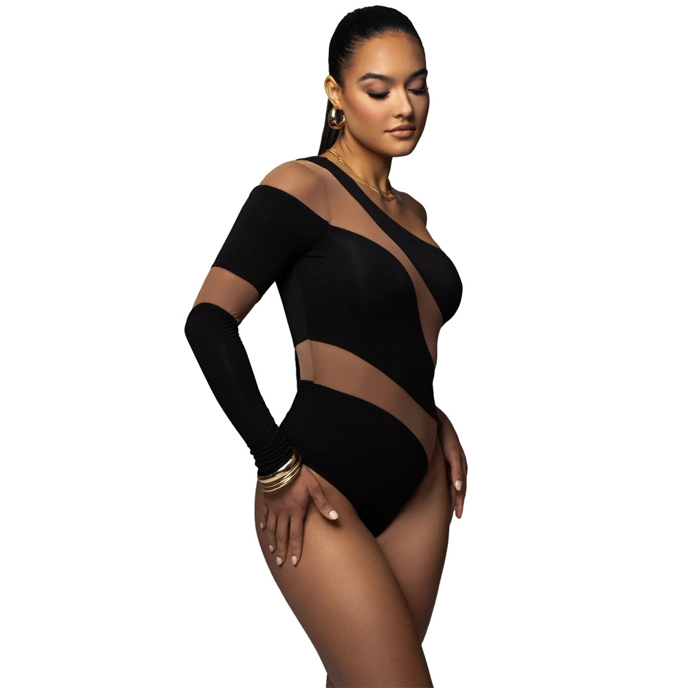 2024 new European and American sexy shoulder sleeve tight mesh stitching fashion striped hollow-out one-shoulder jumpsuit for women