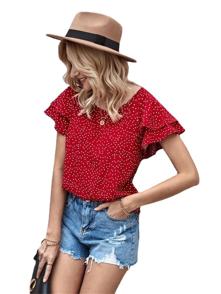 2024 cross-border European and American Amazon wish European and American eaby printed polka dot red lotus leaf versatile T-shirt for women