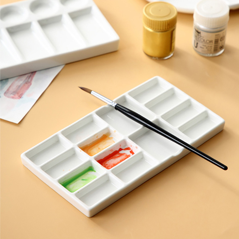 Ceramic palette Chinese painting watercolor gouache pigment plate multi-grid pure white square plate art student special painting paint plate