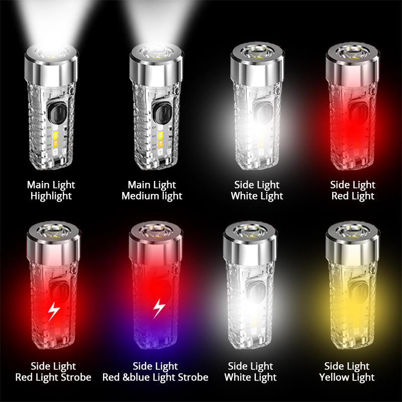 Cross-border new keychain lamp outdoor household mini luminous multifunctional red and blue flash rechargeable flashlight