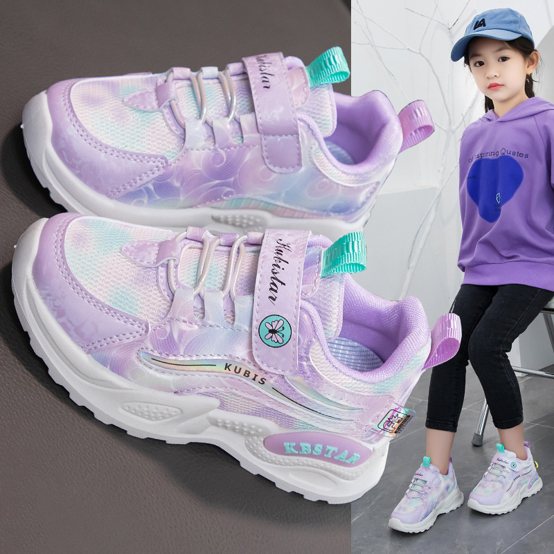 Leather surface + mesh girls' sneaker color gradient color single shoes double mesh breathable Velcro children's shoes