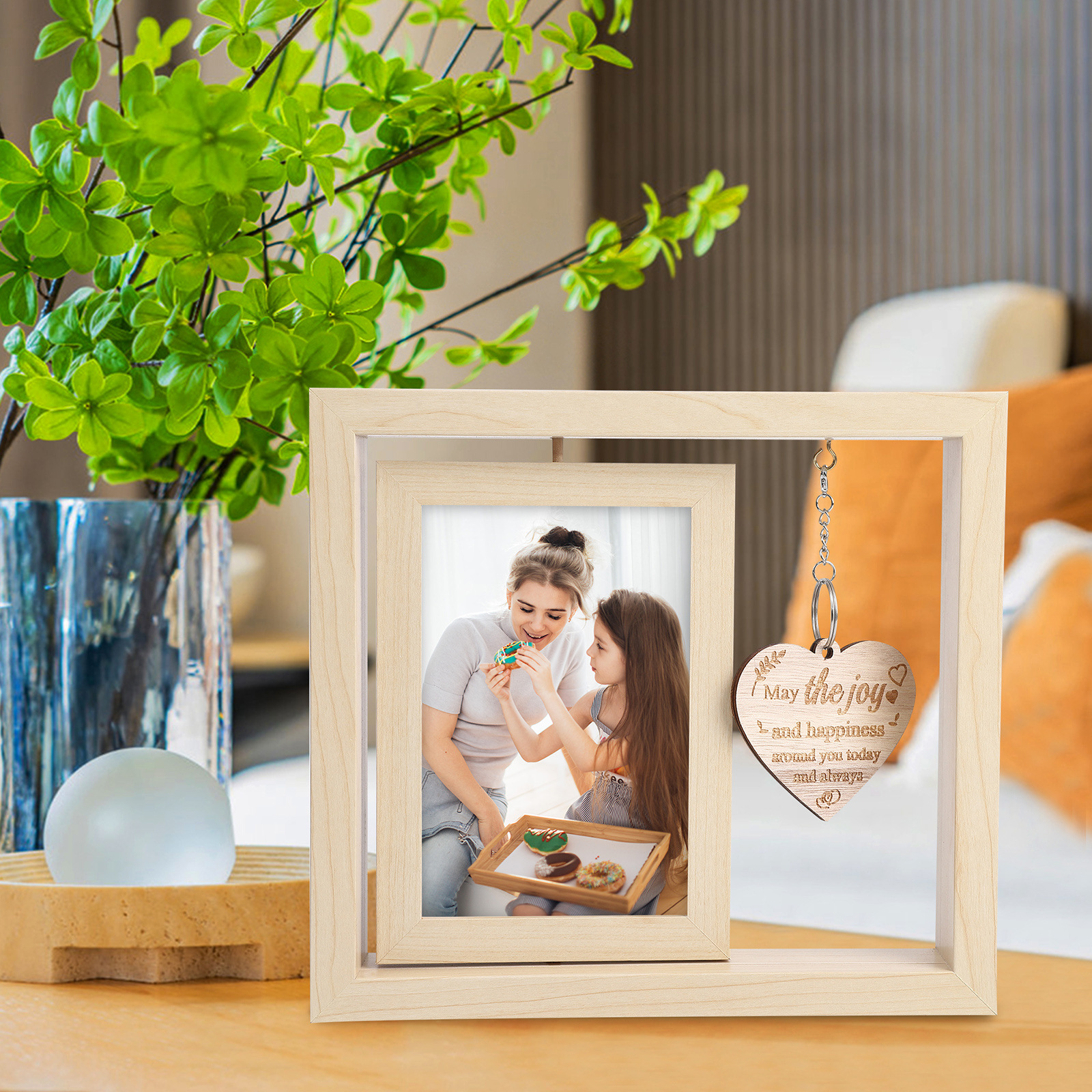 Cross-border hot sale double-sided rotating photo frame 6-inch wooden frame with pendant table decoration Mother's Day Christmas New Year gift