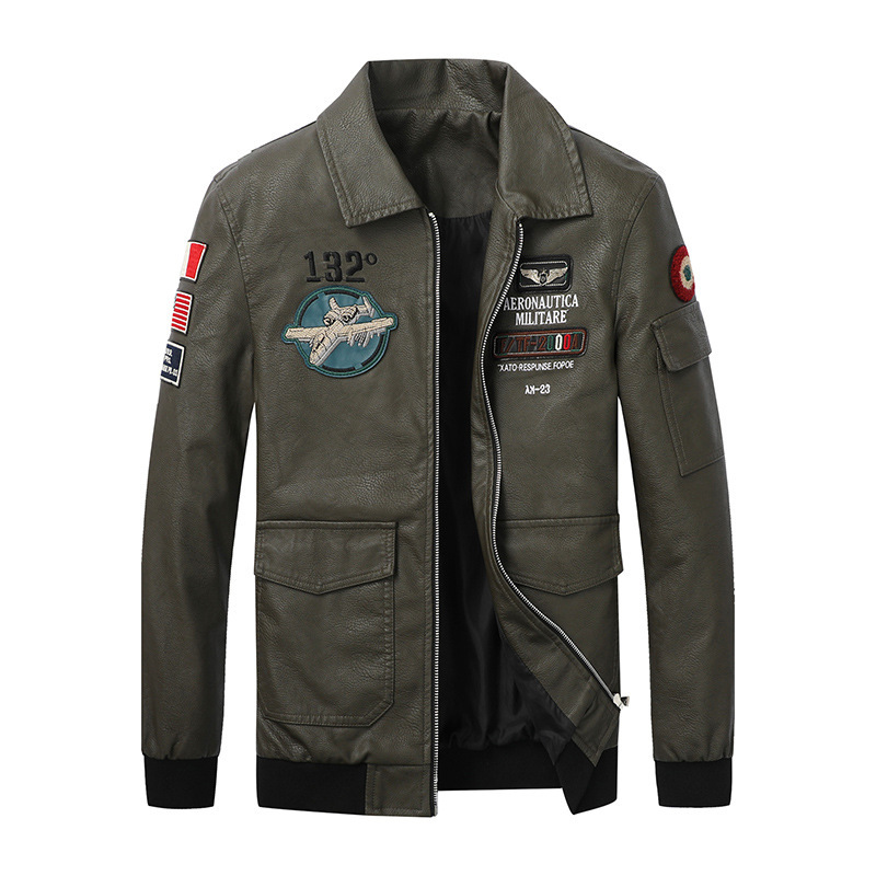 2022 Spring and Autumn New Military-style Aviator Leather Jacket Jacket Men's Large Size Slim-fit Lapel Embroidered Men's Leather Jacket
