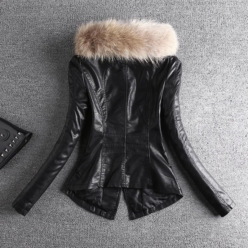 Winter leather jacket for women, short, cotton, thickened, warm, western style, real fur collar pu leather jacket