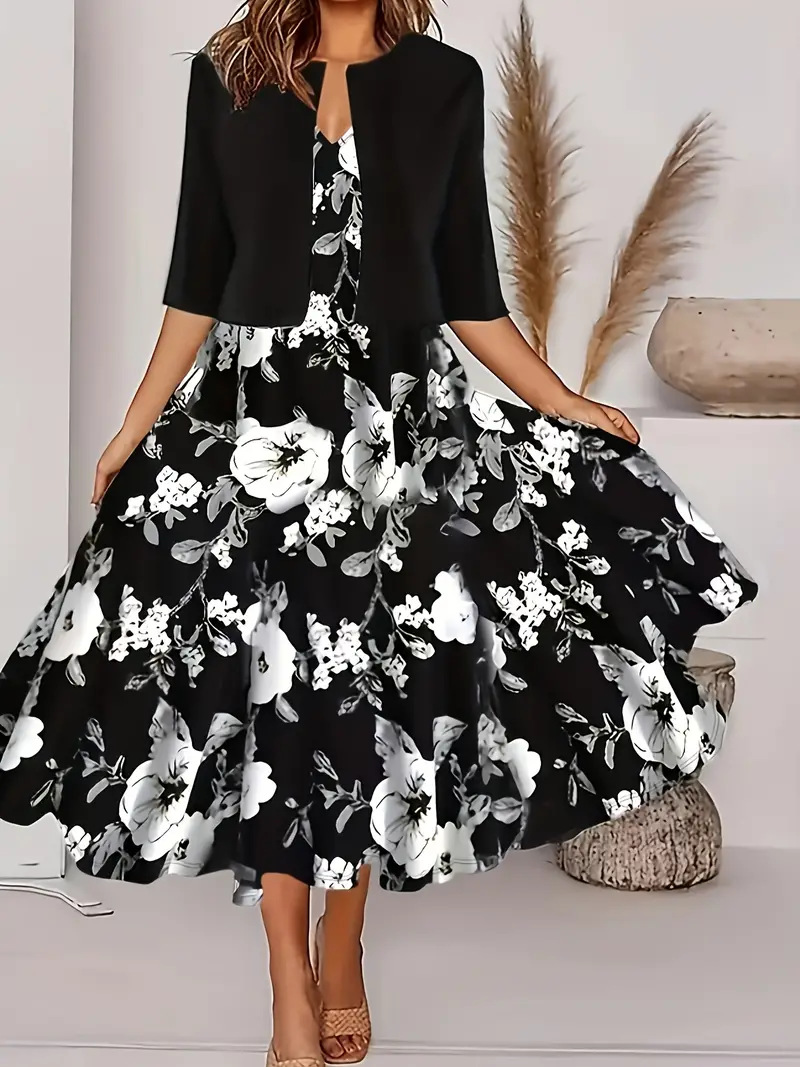 2023 European and American Amazon autumn new women's long dress two-piece set flowers and plants printed round neck dress coat for women