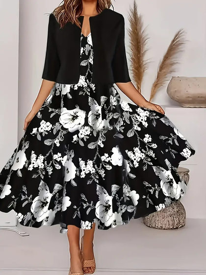 2023 European and American Amazon autumn new women's long dress two-piece set flowers and plants printed round neck dress coat for women