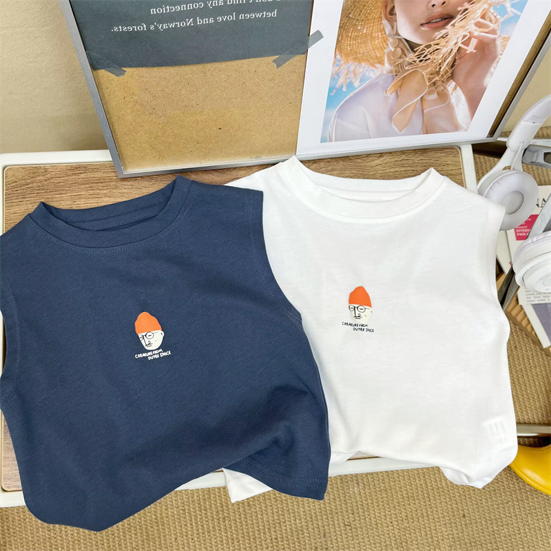 100%純棉兒童背心夏季薄款男女童字母上衣無袖坎肩寶寶卡通印花T