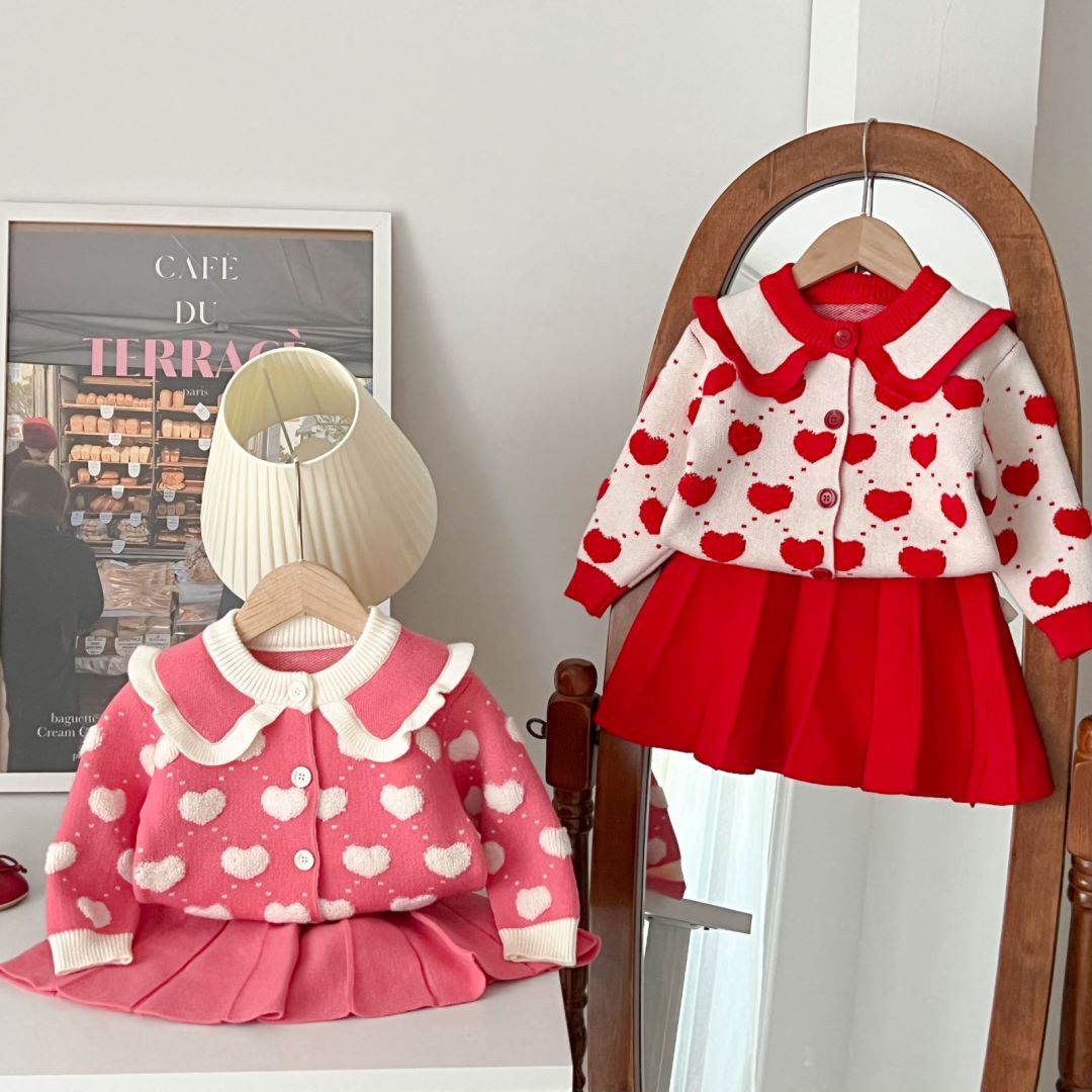 JINYONG Baby Girl Sweater Dress Girls' Knitted Two-Piece Dress Korean-Style Heart-Shaped Towel Embroidered Cardigan Dress