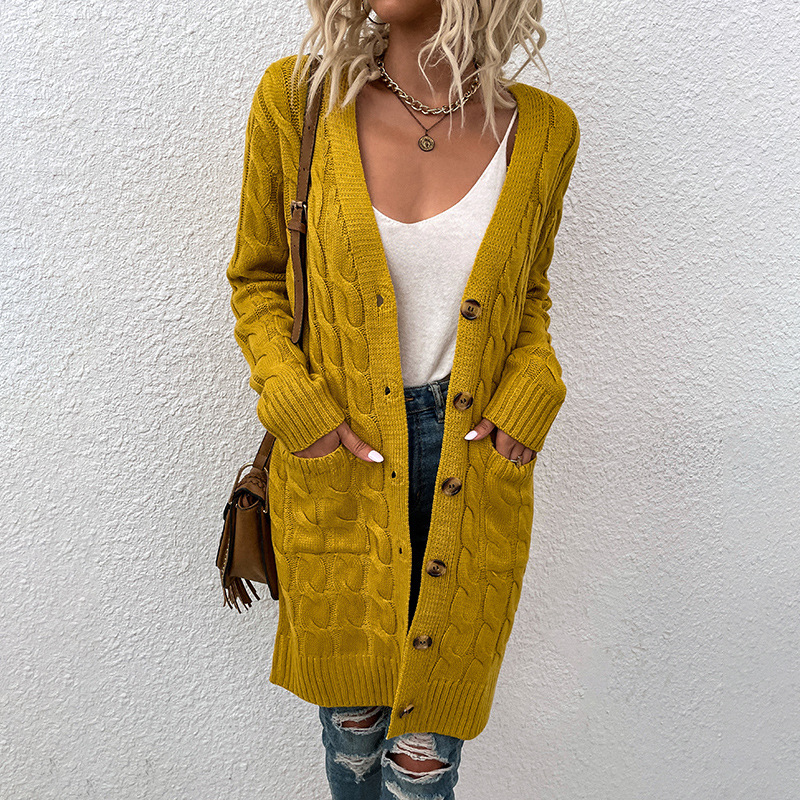 Mao Mao Yu European and American Foreign trade knitwear autumn and winter 2023 long twist sweater women's Amazon new button cardigan