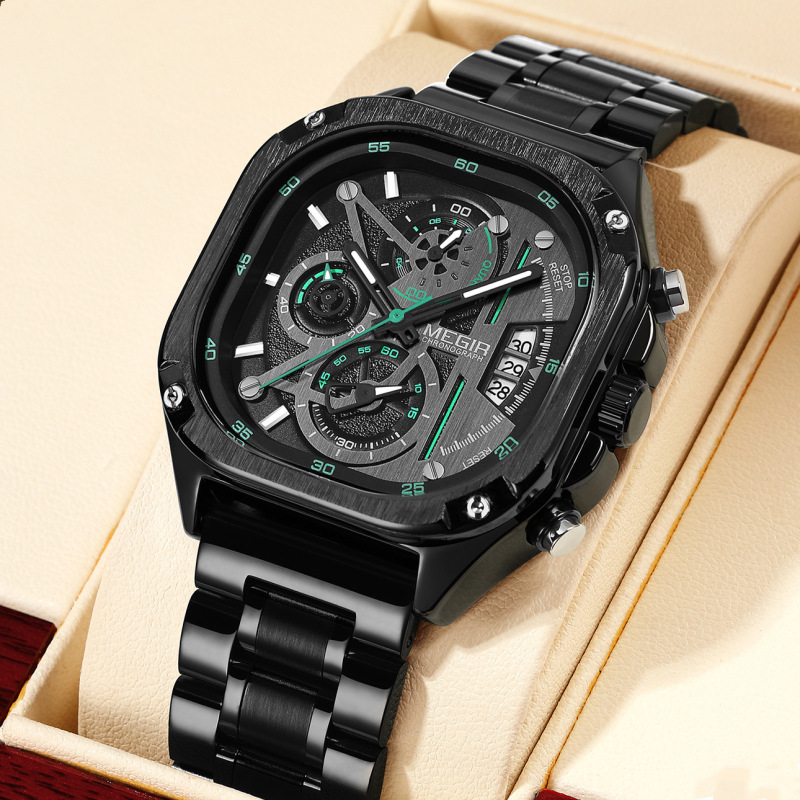 Megir新型男性角型鋼帯蝶ボタン卸売りクロスボーダー夜光防水watch多機能腕時計|undefined