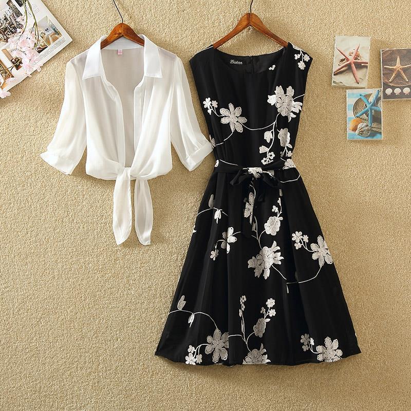 Suit 2022 Summer New Vintage Printed Small Black Dress High Waist Sleeveless Slimming A- line Skirt Two-piece Dress