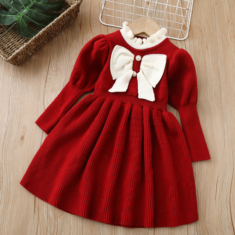 Girls' Sweater Dress Children's Knitted Dress 2022 Autumn and Winter New Arrival Bow Fashion Long Dress Baby Girl Skirt