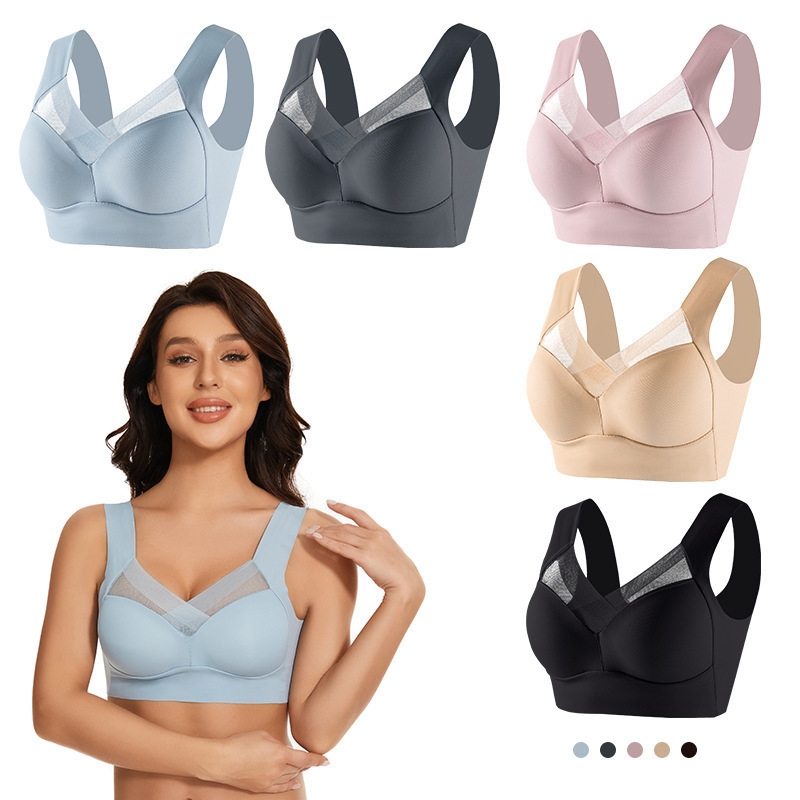 Plus size seamless ice silk underwear women's wireless vest sports bra push up anti-sagging thin fixed Cup