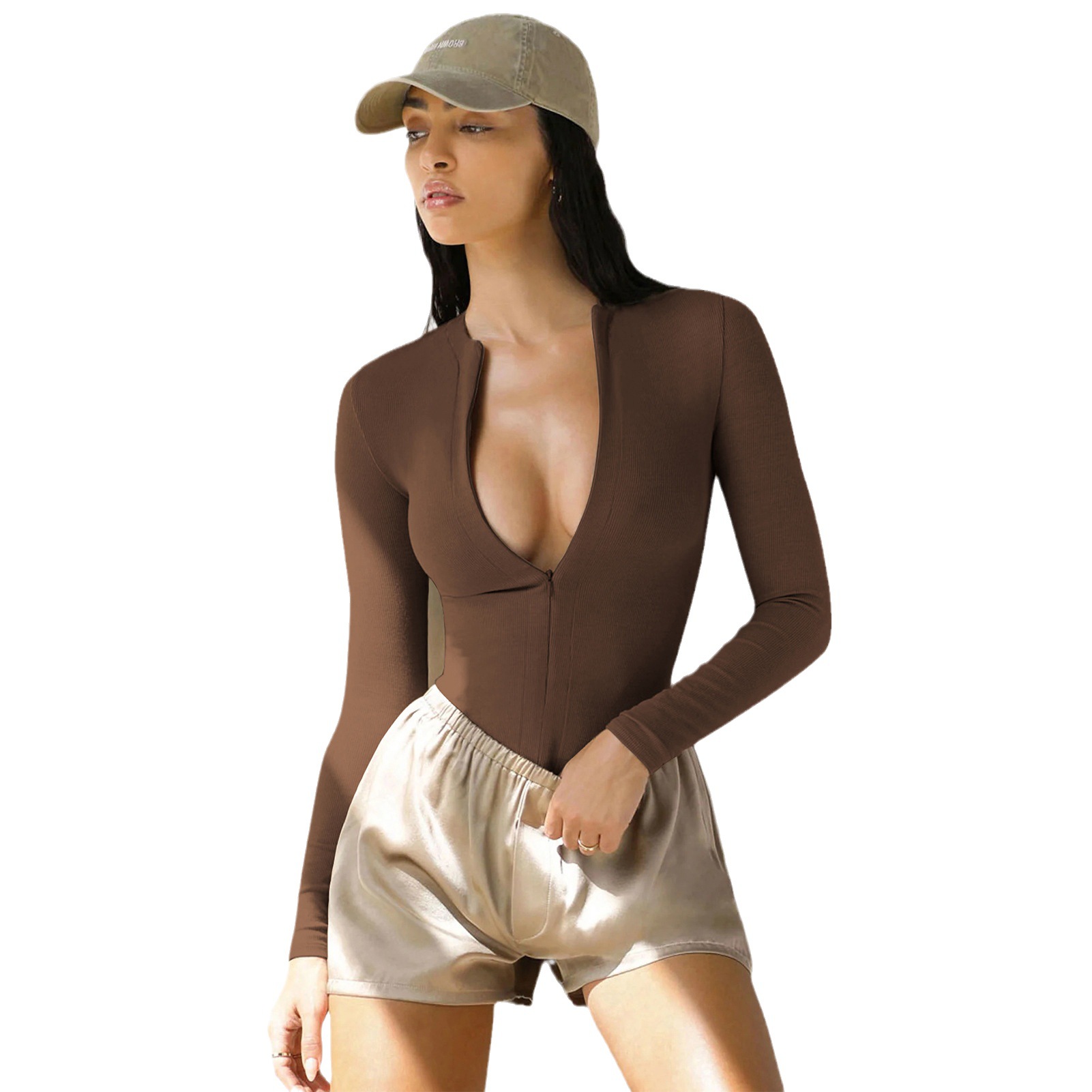 2023 popular European and American women's jumpsuit tight sweater jumpsuit all-match zipper top three pants wholesale