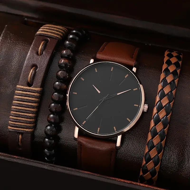 4 pcs/set Men's New Watch set Fashionable All-match Quartz Watch + All-match Beaded Woven Bracelet