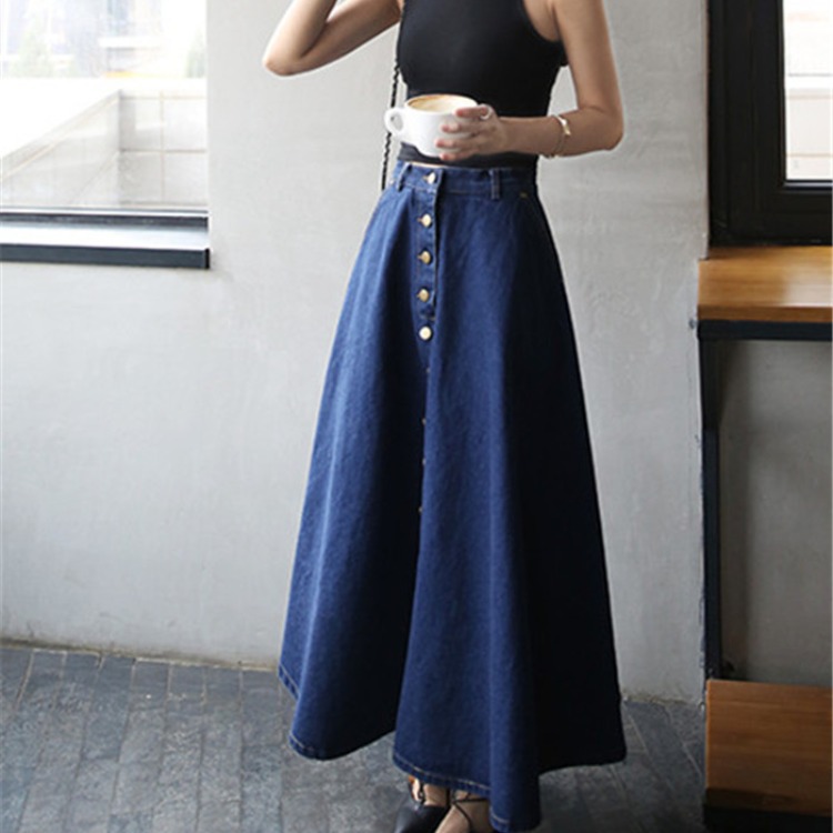 2023 Spring and Summer New Korean Style Loose Single-breasted Slim-fit High Waist Skirt Large Swing Umbrella Skirt Denim Long Skirt