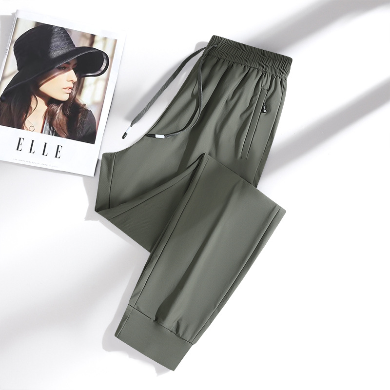 New Ice Silk Thin Strip Casual Sports Loose Pants Men's Straight Nail Front and Back Pocket Nylon High Elastic Pants