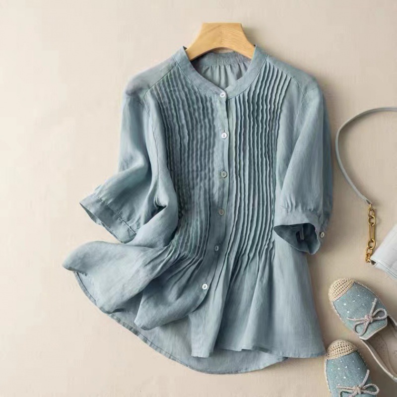 2023 Summer New Arrival Middle-Aged Fashionable Retro Thin Linen Top Women's Thin Cotton and Linen Short-Sleeved Shirt