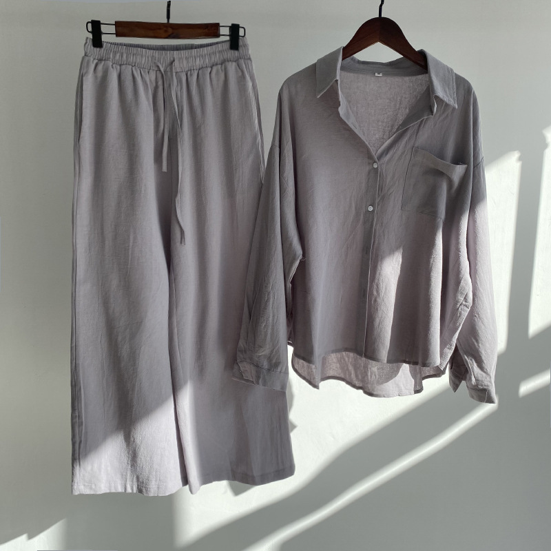 Cross-border  Women's 2-piece Vintage Plus Size 2022 Cotton and Linen Shirt Set High Waist Loose Trousers_voghion.com