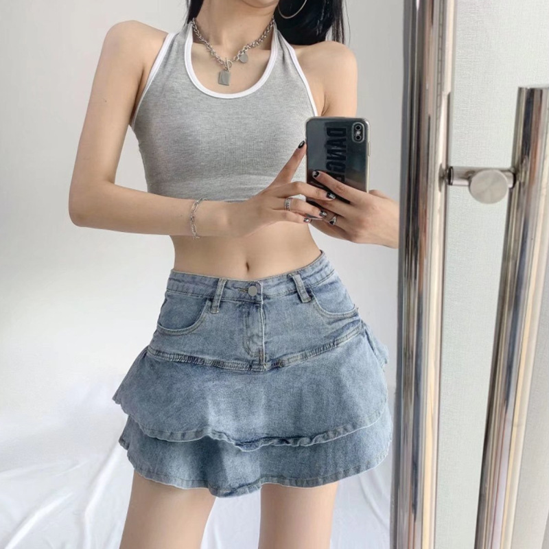 American Hot Girl Denim Skirt Women's Summer Fishtail Skirt High Waist Slim A-Line Skirt Ruffled Butt-covering Skirt