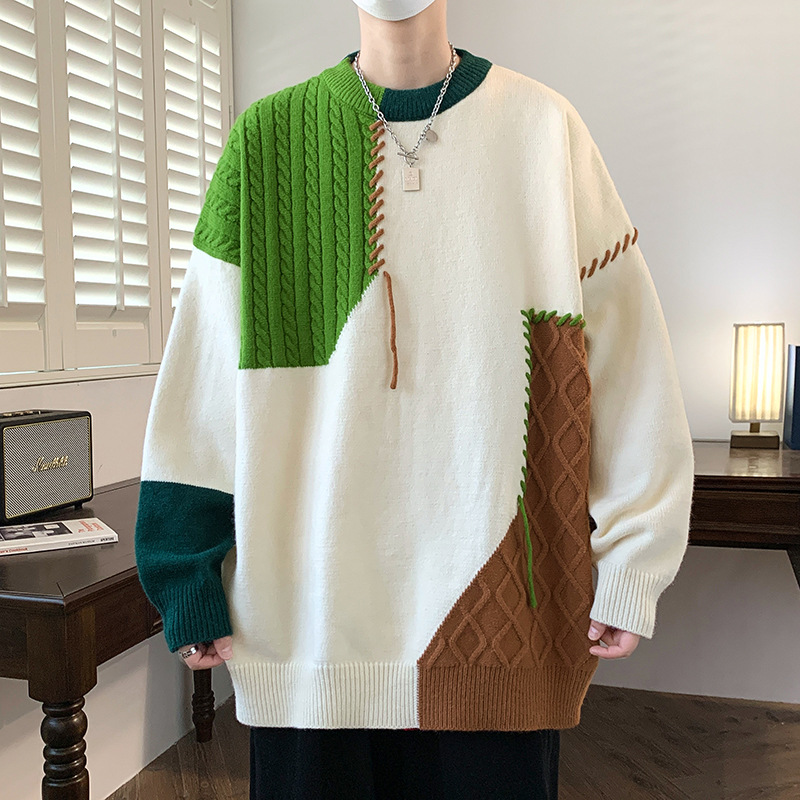 Anyang Contrast Color Crewneck Sweater Men's Autumn and Winter New Fashion Brand Knitwear Lazy Style Design Sense Loose Couples Sweater