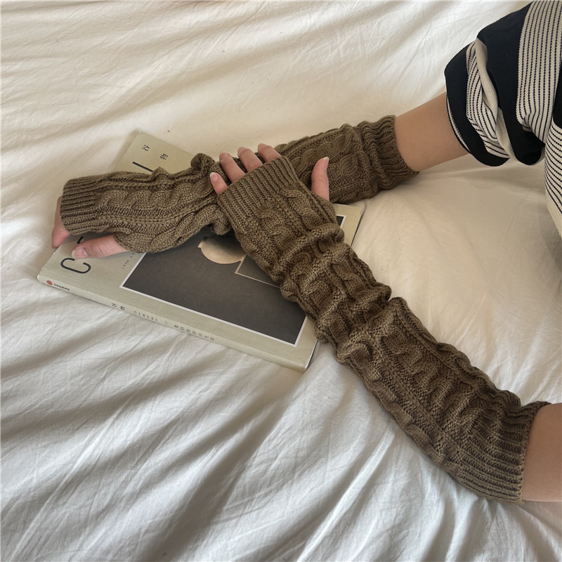 Yifan Autumn and Winter Outdoor Travel Warm Cold-proof Solid Color Twist Long Half-finger Elastic Sleeve Knitted Arm Cover for Women_voghion.com
