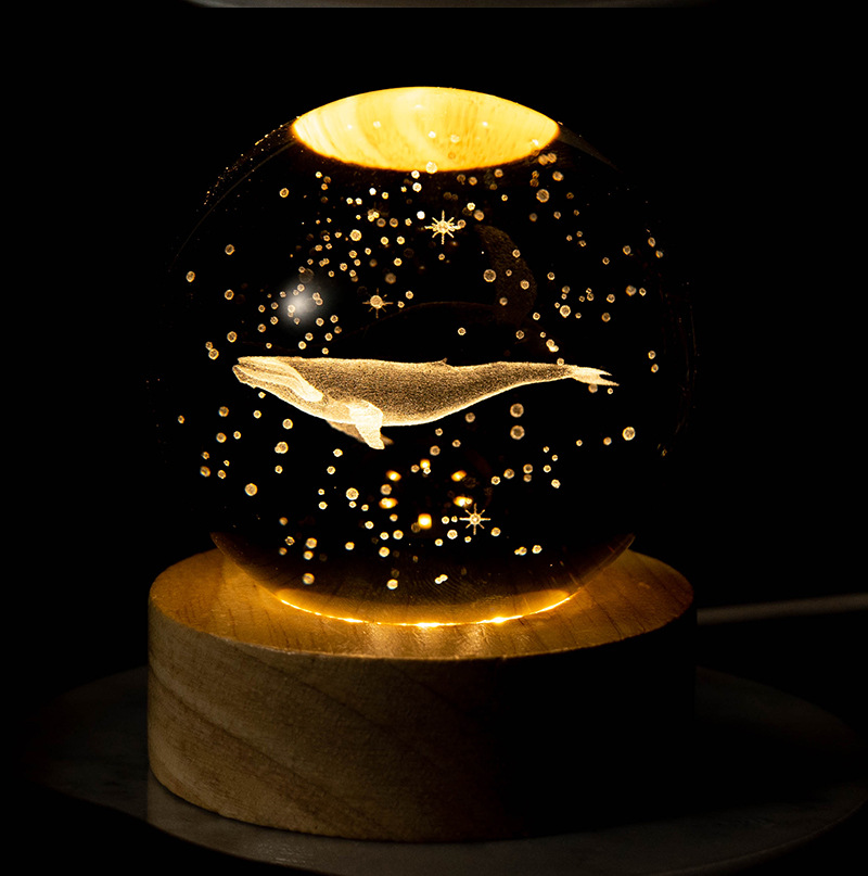 Luminous wood base carved 3D crystal ball Starry Sky Creative night light desktop ornaments USB plug for boys and girls