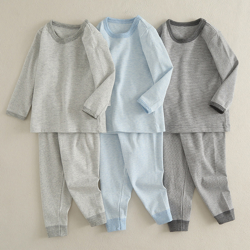 Japanese children's thermal underwear suit boys' brushed thickened homewear children's spring and autumn striped long johns
