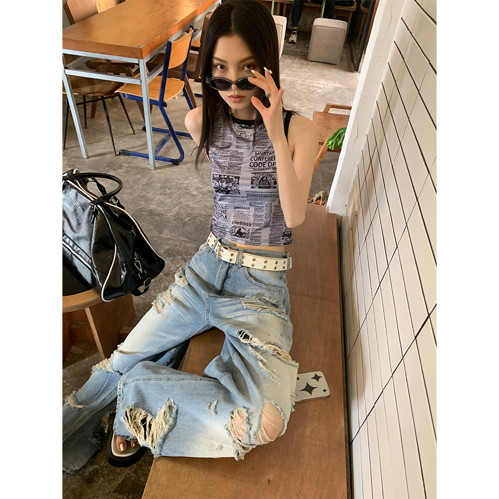 9hour High Street Ripped Jeans Women's 2024 Summer New Ins Loose Wide Leg 90538 Pants
